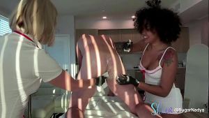 Ebony girls have a blowjob orgy for a client right after a shaving session