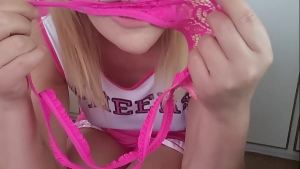 Horny blonde cheerleader panty stuffing shaking orgasm before game