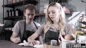 Petite blonde barista blows and fucks her cheating BF in the cafe