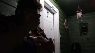 fat ftm smokes and eats outside
