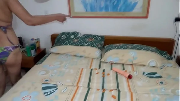 Latina stepmom, lacking a cock, enjoys her huge dildos, I help her by inserting them