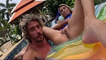 outdoor pool oral sex with amateur skinny blonde in sexy lingerie