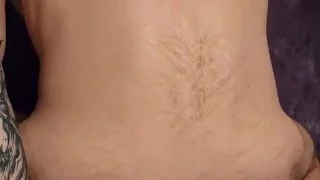 Hairy tattooed stud borrowing his roommate cum covered giant dildo.