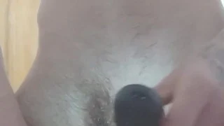 Skinny teen shaves his big hairy erected cock and balls
